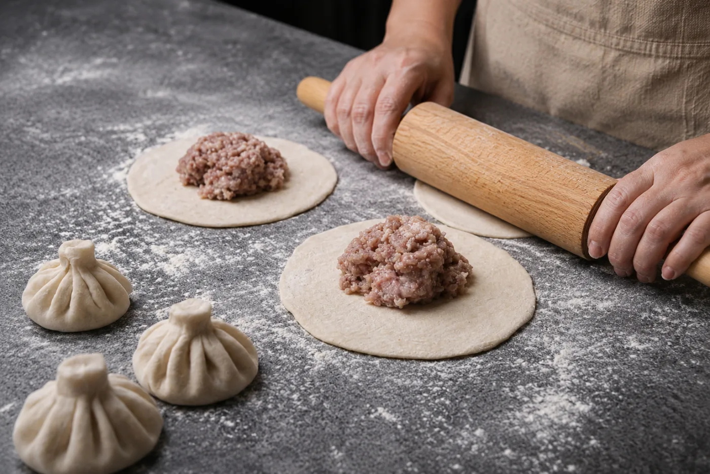 Hände falten frische Khinkali-Teigtaschen mit Fleischfüllung auf einer bemehlten Fläche